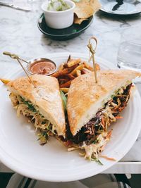 High angle view of food in plate on table