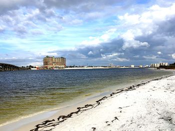 Scenic view of beach by buildings against sky