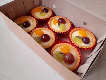 High angle view of fruit pie in a paper box