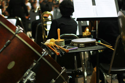 Close-up of musical instruments on table