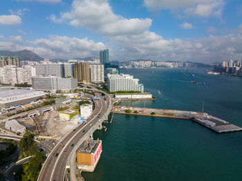 High angle view of city at waterfront