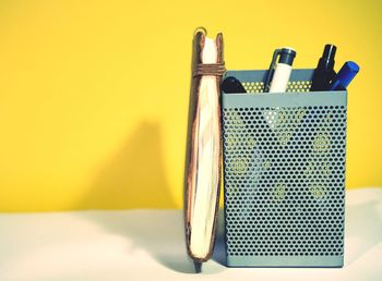 Close-up of pen on table at home