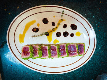 High angle view of breakfast in plate on table