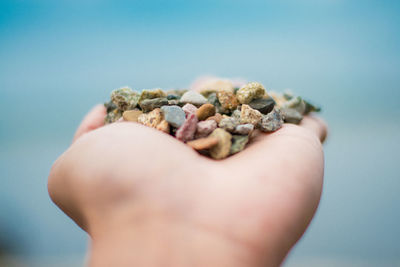 Cropped image of hand holding small stones