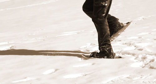 Low section of man wearing snowshoe while standing on snow covered field 