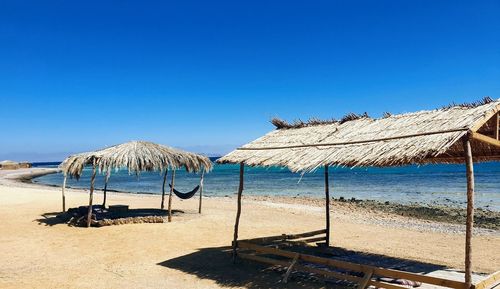 Scenic view of beach against clear blue sky