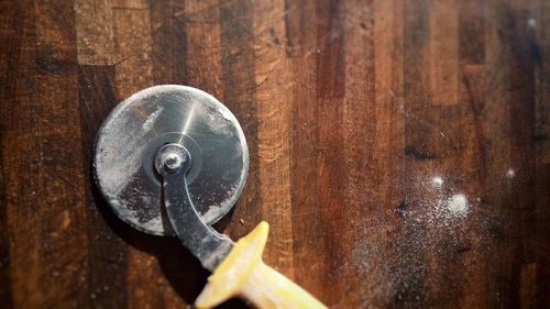 High angle view of old wooden door on table