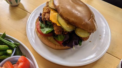 High angle view of food in plate on table
