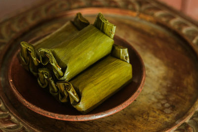 High angle view of vegetables in bowl on table