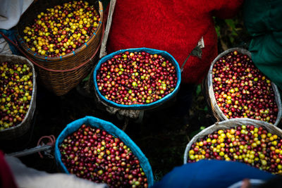 High angle view raw coffee bean in basket 