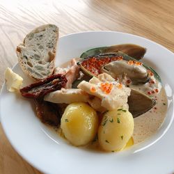 High angle view of breakfast served on table