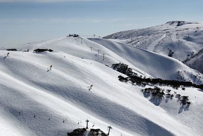 Panoramic view of people skiing on snow covered mountain