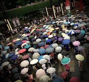 High angle view of people on street