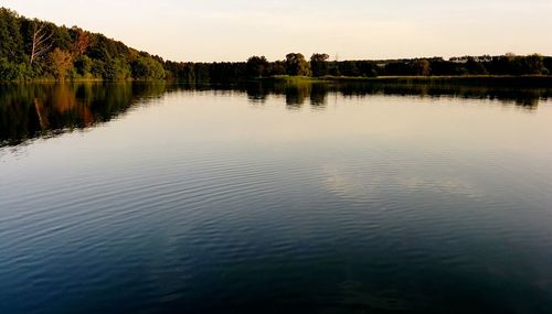 Scenic view of lake against sky at sunset