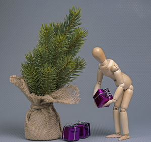Stuffed toy on tree against white background