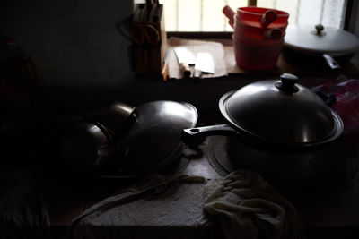 High angle view of utensils on table at home