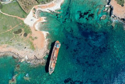 High angle view of ship in sea