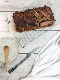 High angle view of banana bread on table