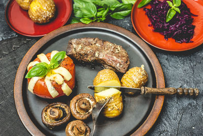 High angle view of breakfast served on table