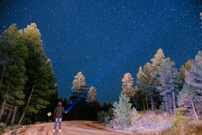 Man walking on road against trees at night