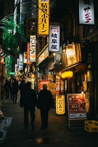 People walking on illuminated street in city at night