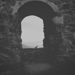 View of old wall through window