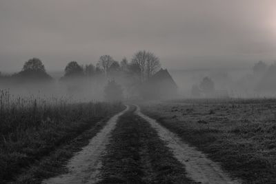 Road amidst trees on field against sky during foggy weather