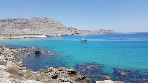 Scenic view of sea against clear blue sky