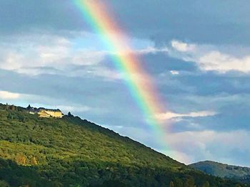 Low angle view of rainbow over mountain against sky