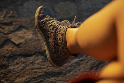 Low section of woman wearing shoes