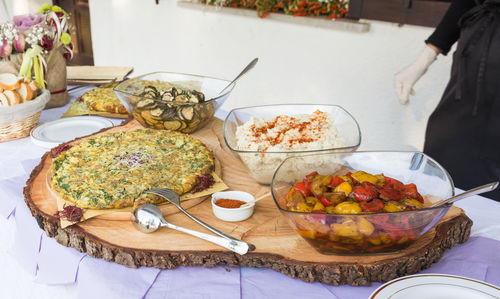 High angle view of breakfast on table