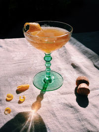 High angle view of drink in wineglasses on table