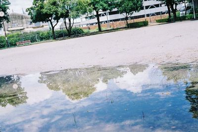 Reflection of buildings in puddle