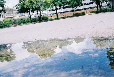 Reflection of buildings in puddle