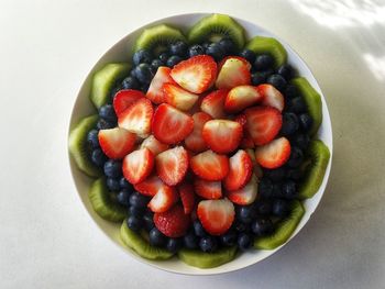 High angle view of strawberries in bowl