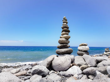 Rocks on beach against blue sky