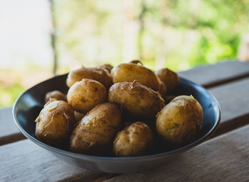 Close-up of new cooked potatoes on table