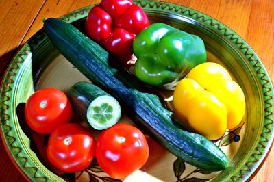 High angle view of bell peppers in container