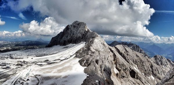 Scenic view of mountains against cloudy sky