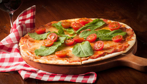 High angle view of pizza on table