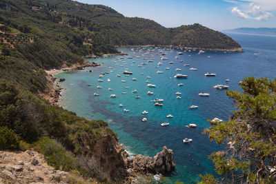 High angle view of bay against sky