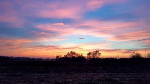 Silhouette trees against dramatic sky during sunset