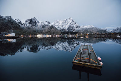 Scenic view of lake by snowcapped mountains against clear sky