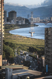 High angle view of buildings in city