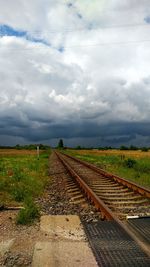 Railway tracks on landscape against sky