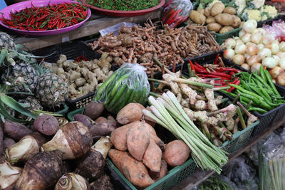 High angle view of vegetables in market stall
