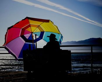 Rear view of man sitting on beach against sky