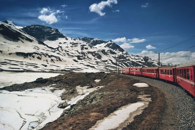 Scenic view of snow covered mountains against sky