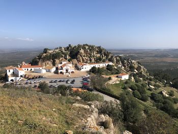 High angle view of townscape against clear sky