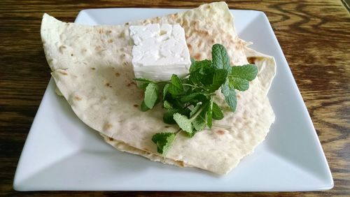 High angle view of food in plate on table